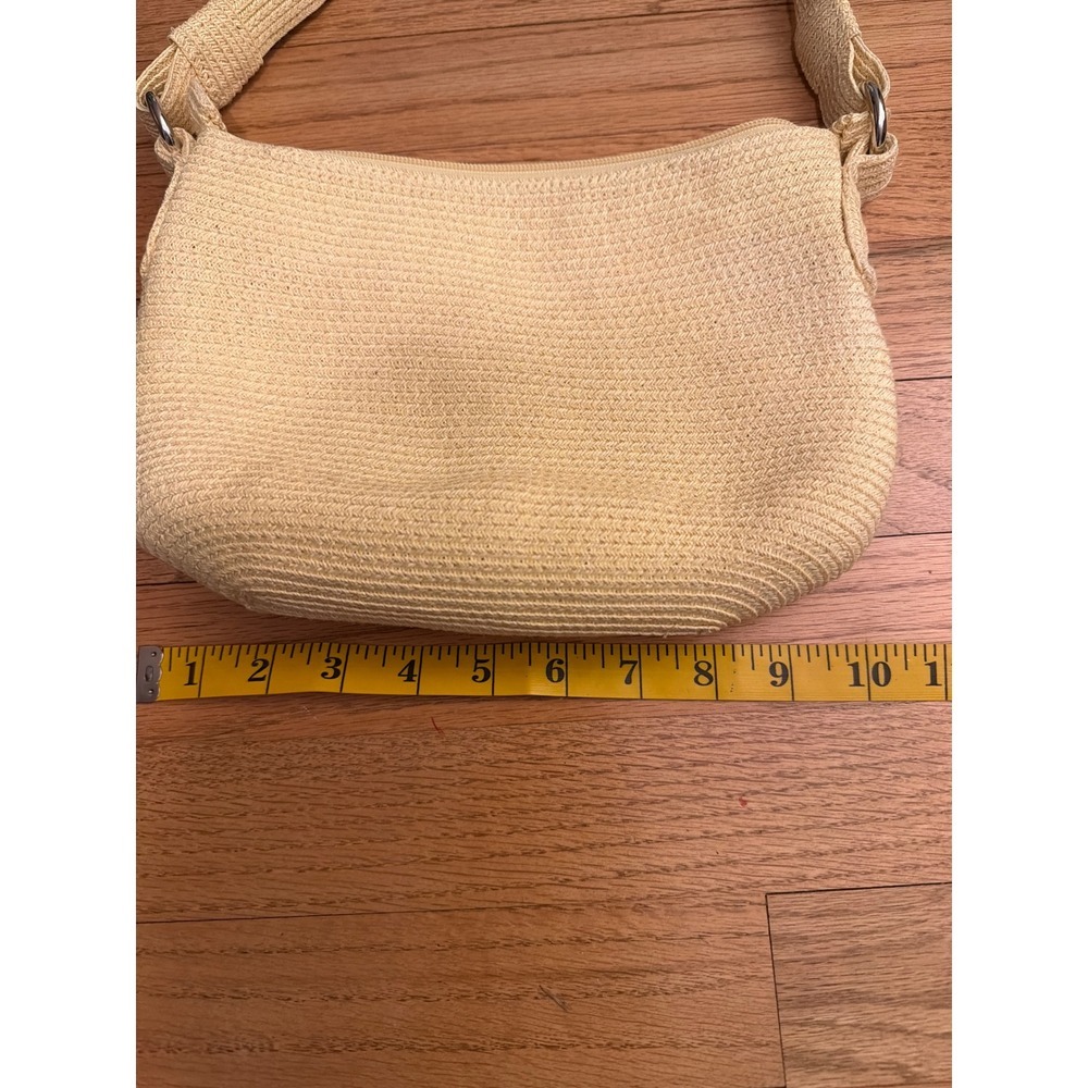 Talbots Yellow Woven Straw Shoulder Bag Pink Lining Bamboo Zip Pull Small - Picture 6 of 7